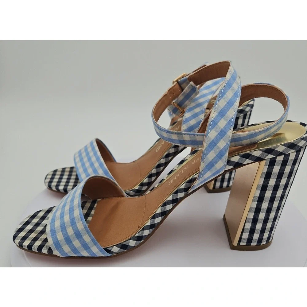 River Island‎ Lt & Dk Blue Gingham Strappy Sandal 4 inch Heels Womens Sz 7 *EUC*